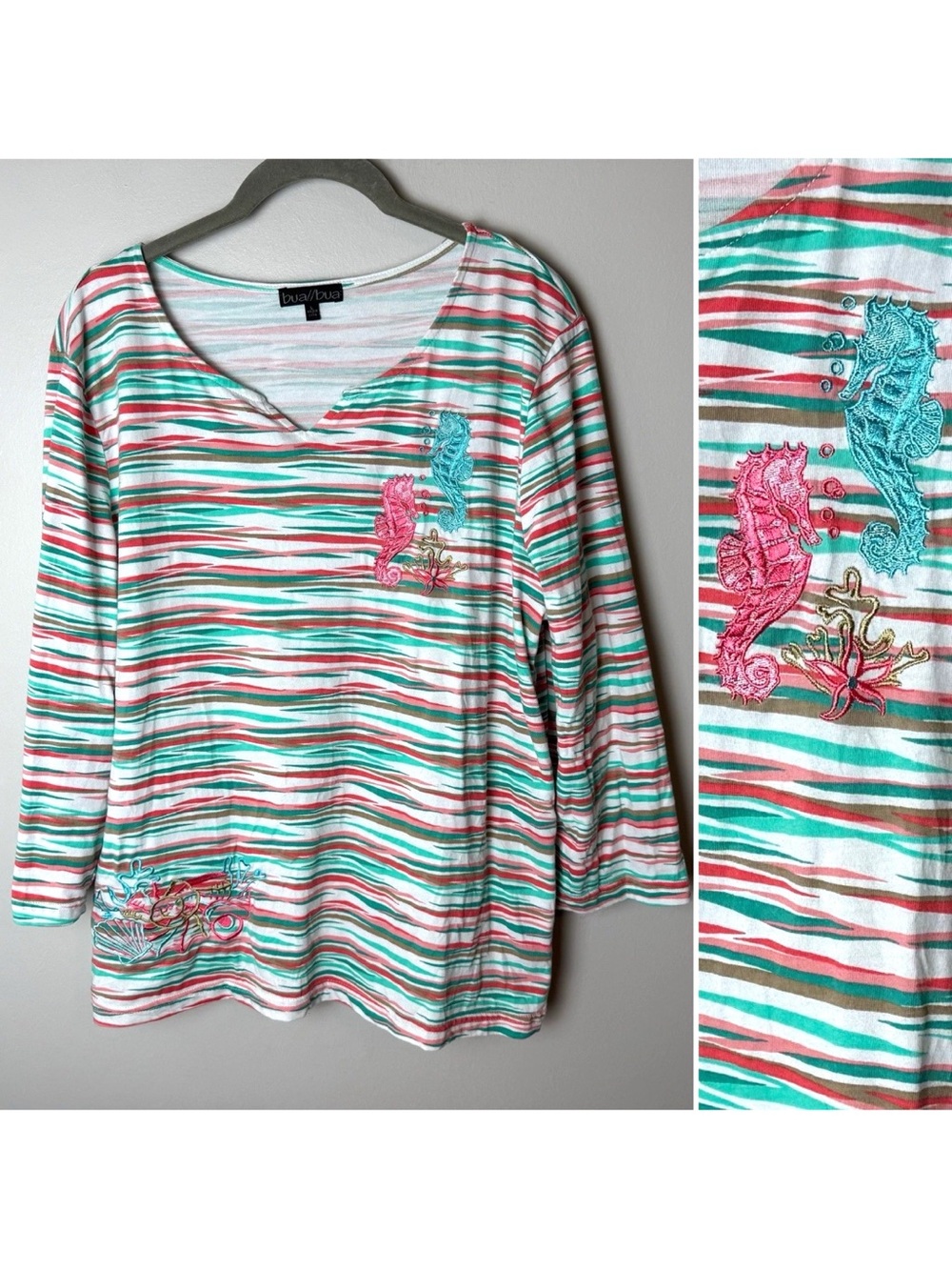 Bua Bua Top Size Large 3/4 Sleeves Embroidered Seahorses Seashells Cotton Stripe